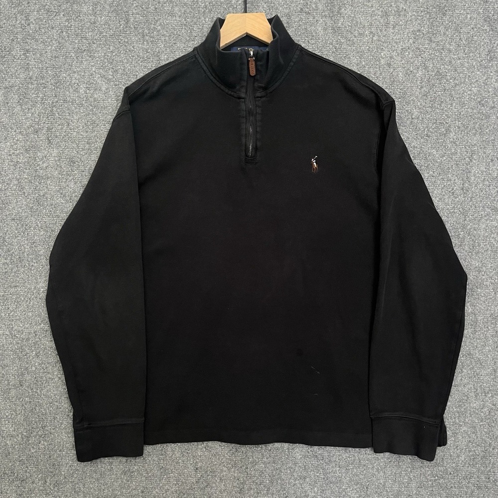 Polo Ralph Lauren Mens Black Estate Rib Cotton Quarter Zip Pullover Sweater XL